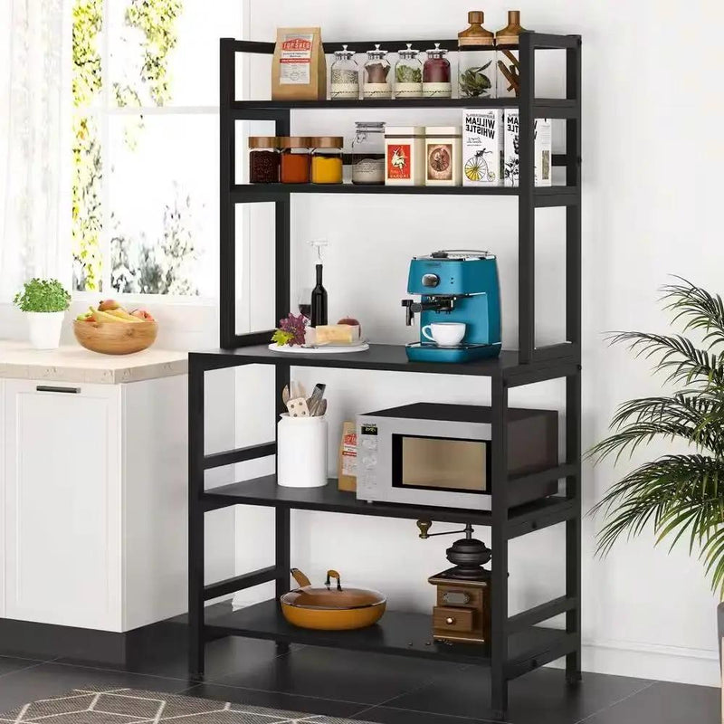Black Metal Wood Freestanding Kitchen Shelf Bakers Rack Microwave Stand by HomePacific