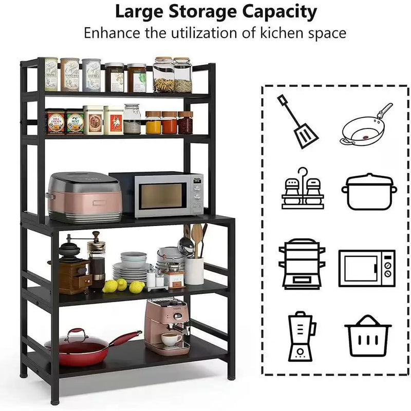 Black Metal Wood Freestanding Kitchen Shelf Bakers Rack Microwave Stand by HomePacific