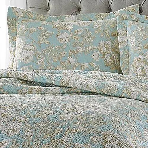 King size 3-Piece Reversible Cotton Quilt Set with Seafoam Blue Beige Floral Pattern by HomePacific
