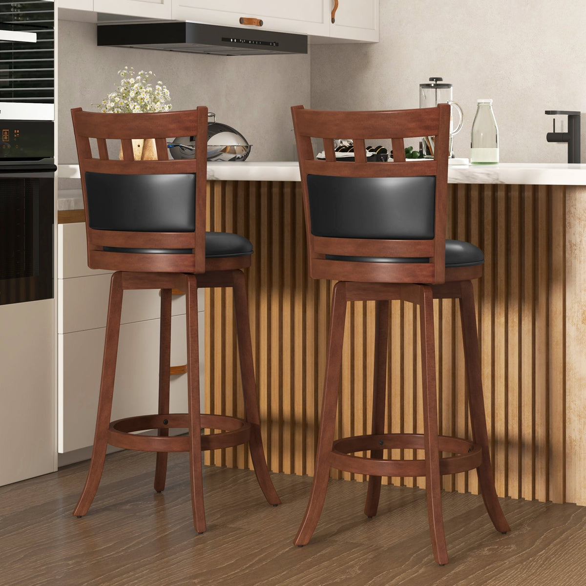 Wood Swivel Bar Stools Set of 2 with Faux Leather Upholstered Seat and Back-Brown, photo 10 of 10