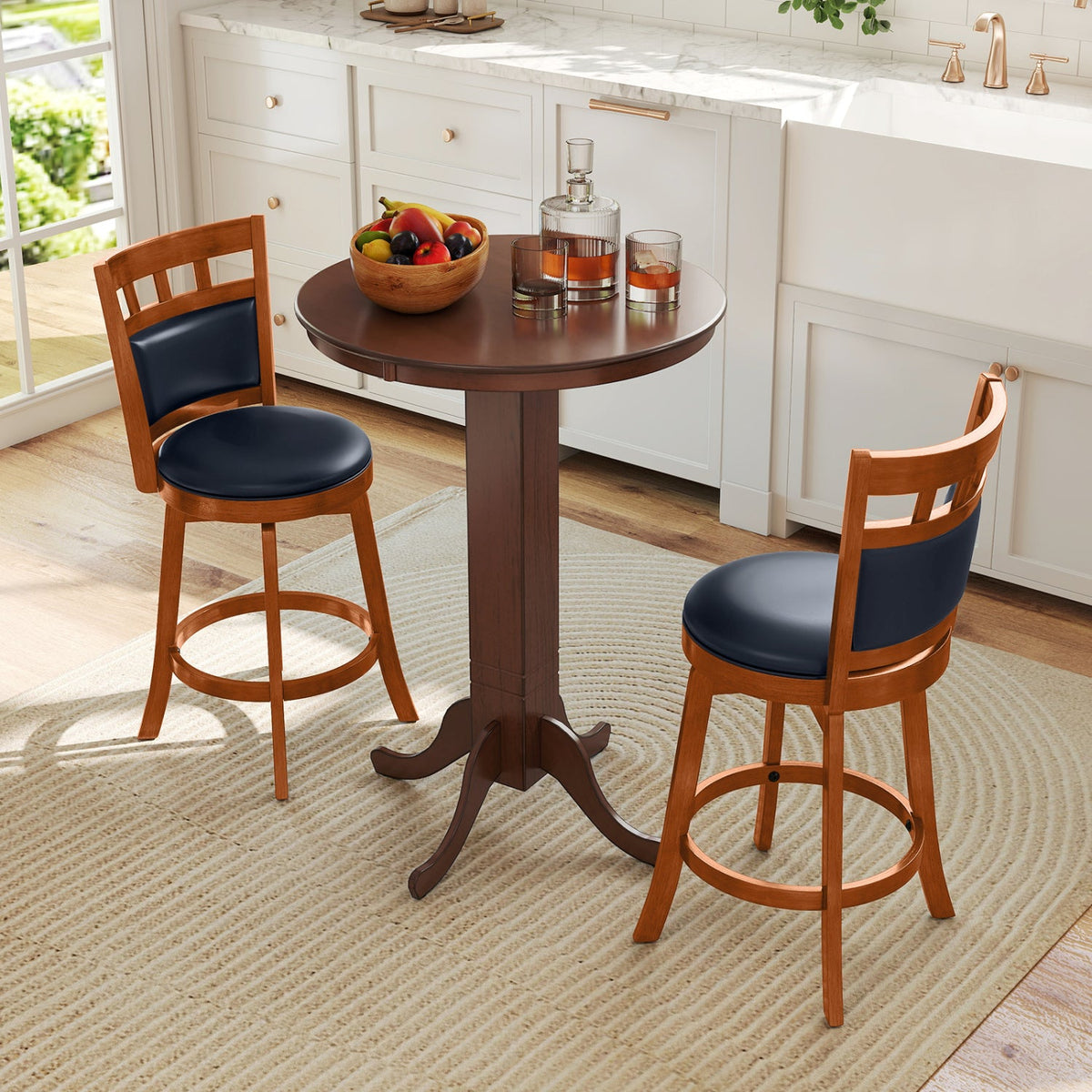 Wood Swivel Bar Stools Set of 2 with Faux Leather Upholstered Seat and Back-Brown, photo 9 of 10