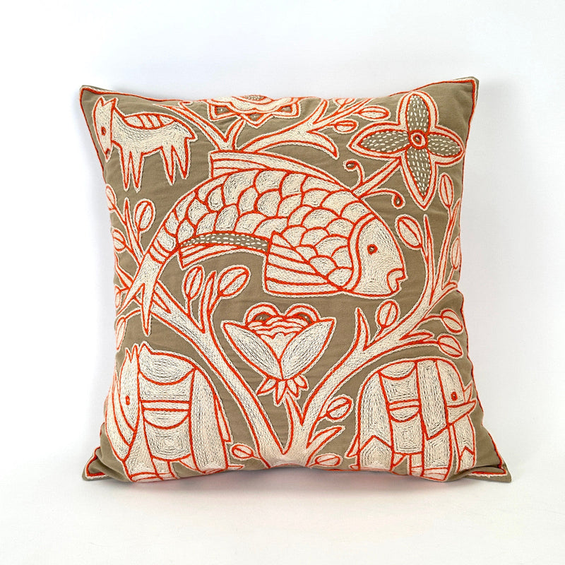 Beige, White + Orange Fish Hand Embroidered Pillow Cover