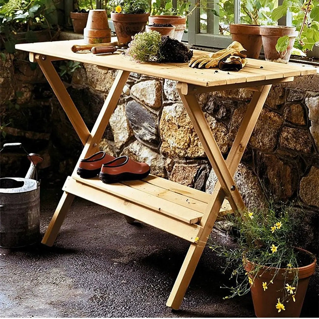 Indoor Outdoor Wood Potting Bench Garden Table with Lower Shelf by HomePacific