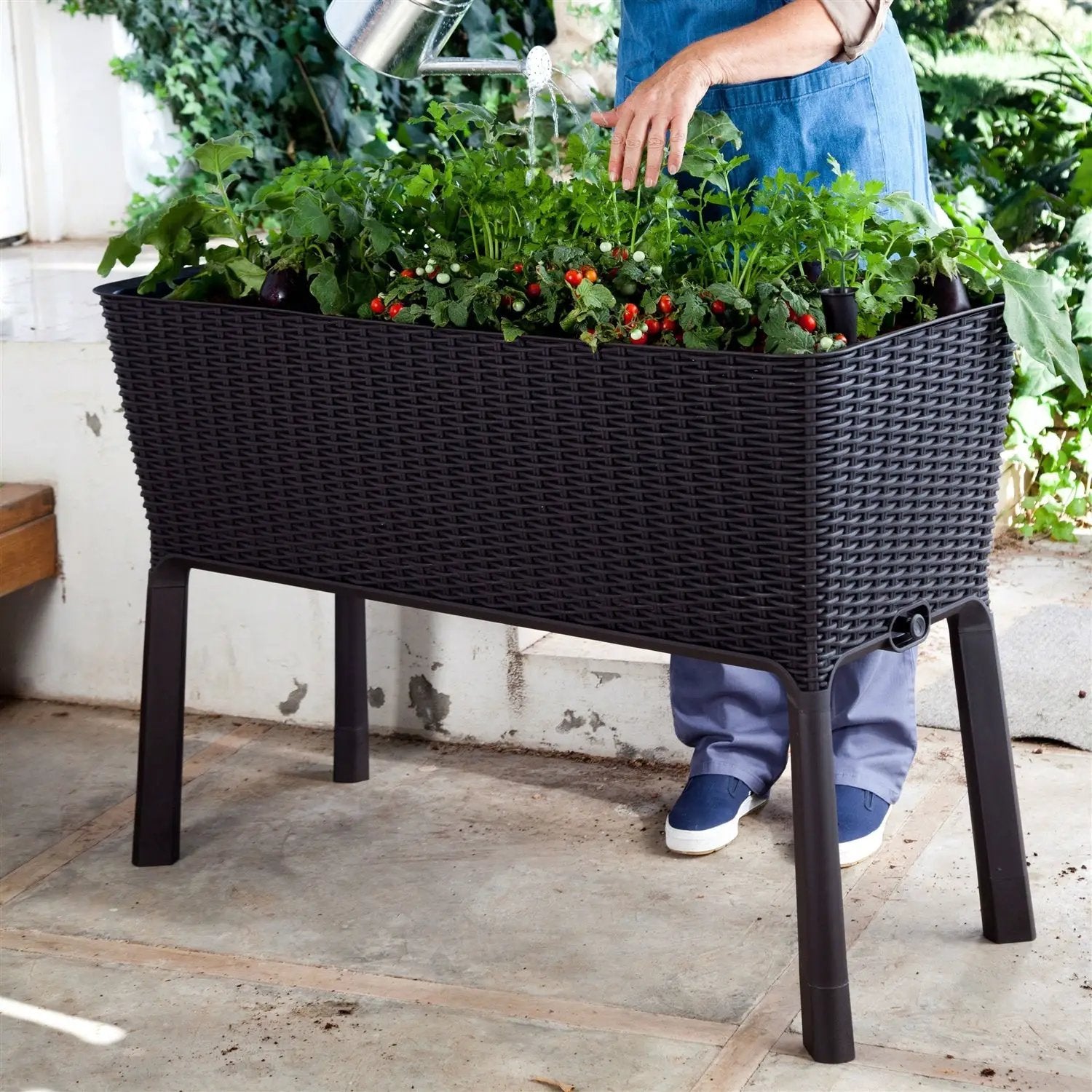 Modern Dark Brown Resin Wicker Raised Garden Bed Planter with Water Indicator by HomePacific