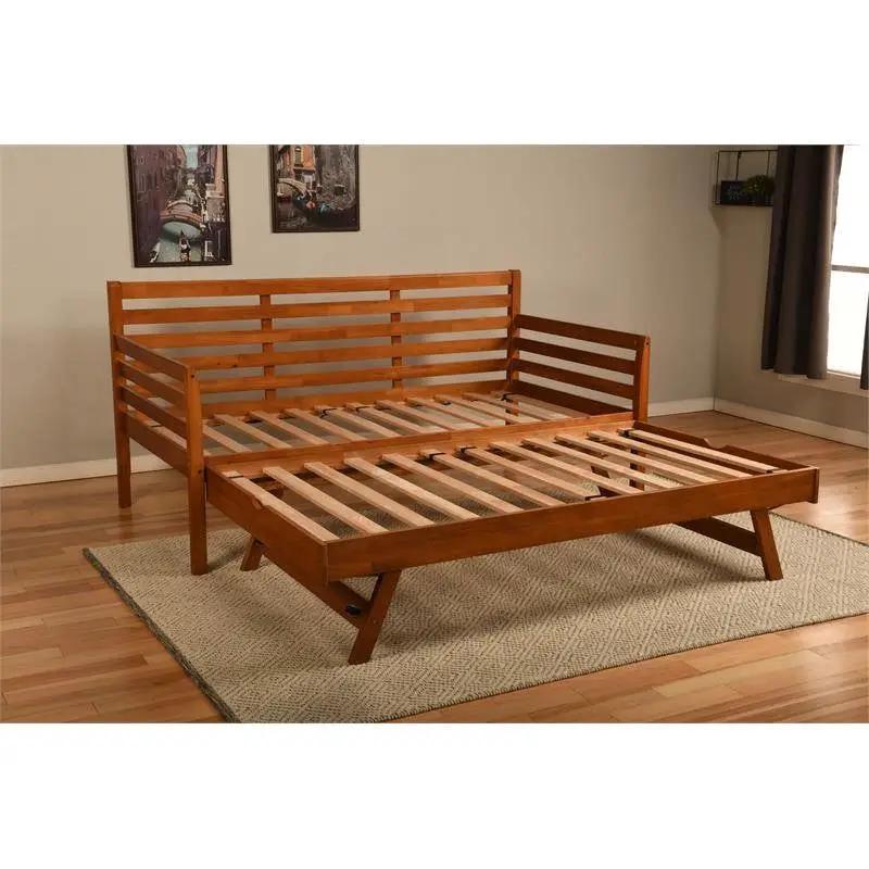 Solid Wood Day Bed Frame with Pull-out Pop Up Trundle Bed in Medium Brown by HomePacific