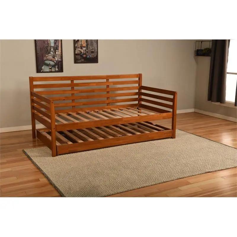 Solid Wood Day Bed Frame with Pull-out Pop Up Trundle Bed in Medium Brown by HomePacific