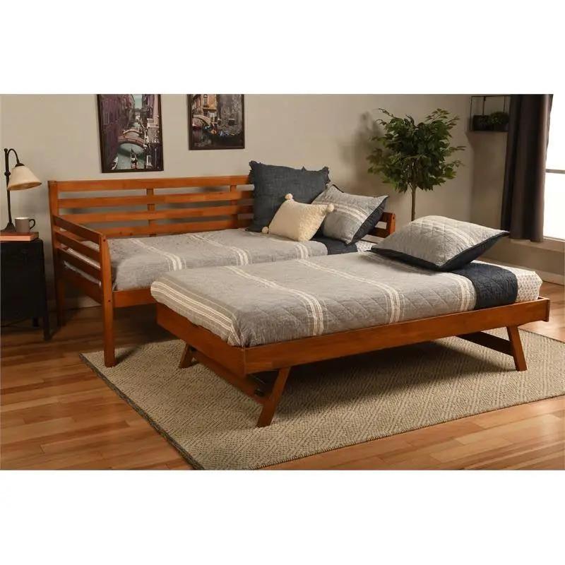 Solid Wood Day Bed Frame with Pull-out Pop Up Trundle Bed in Medium Brown by HomePacific
