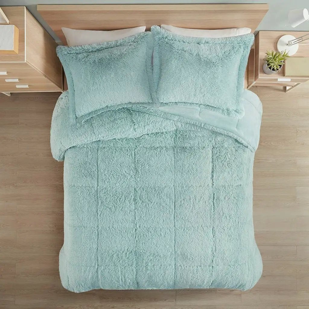 King/CAL King Soft Sherpa Faux Fur 3-Piece Comforter Set in Light Teal Blue by HomePacific
