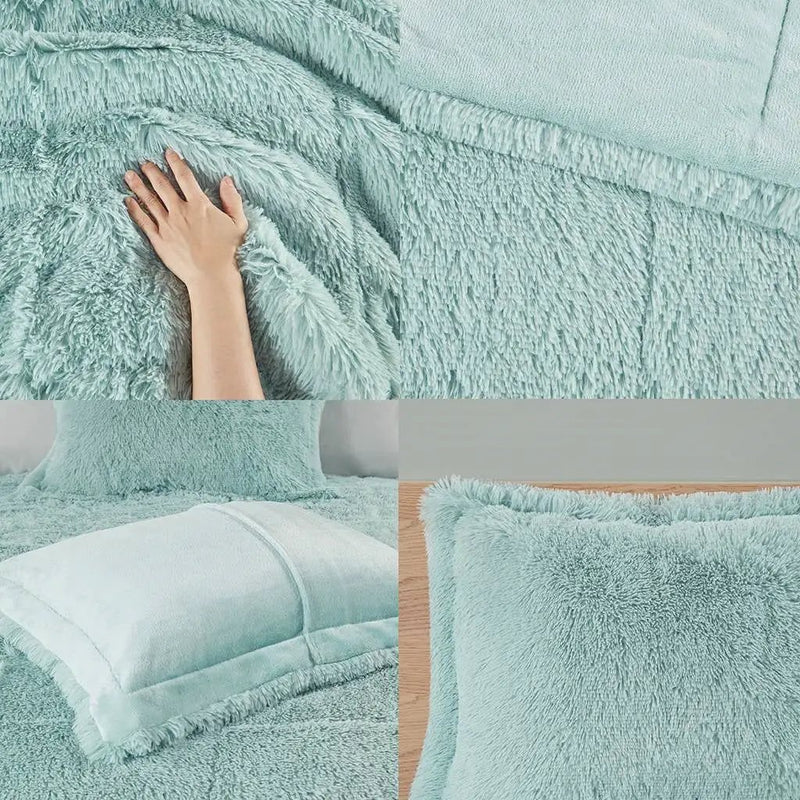 King/CAL King Soft Sherpa Faux Fur 3-Piece Comforter Set in Light Teal Blue by HomePacific