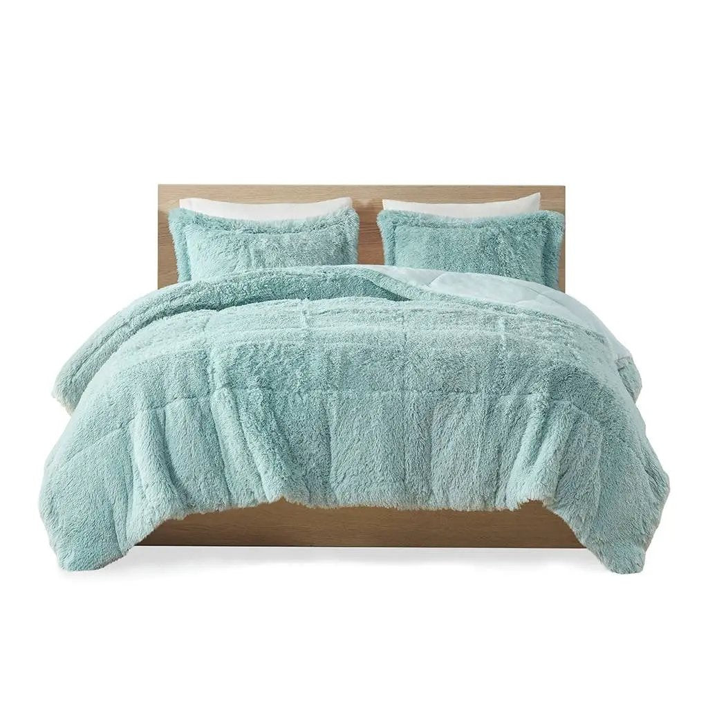 King/CAL King Soft Sherpa Faux Fur 3-Piece Comforter Set in Light Teal Blue by HomePacific