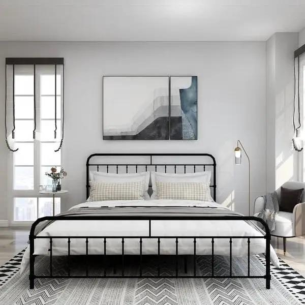 King size Black Metal Platform Bed Frame with Rounded Headboard Footboard by HomePacific
