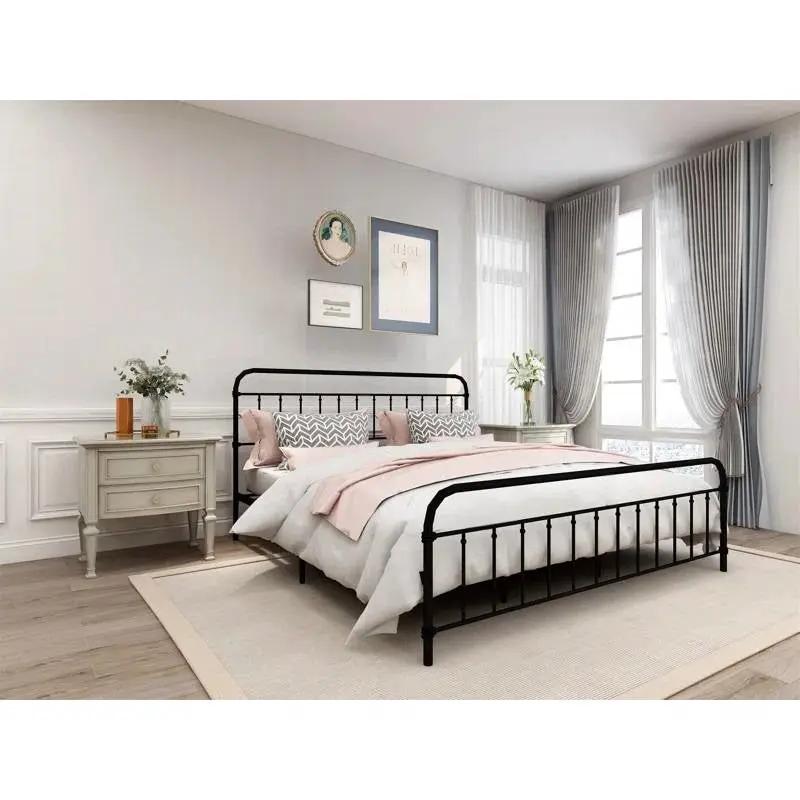 King size Black Metal Platform Bed Frame with Rounded Headboard Footboard by HomePacific