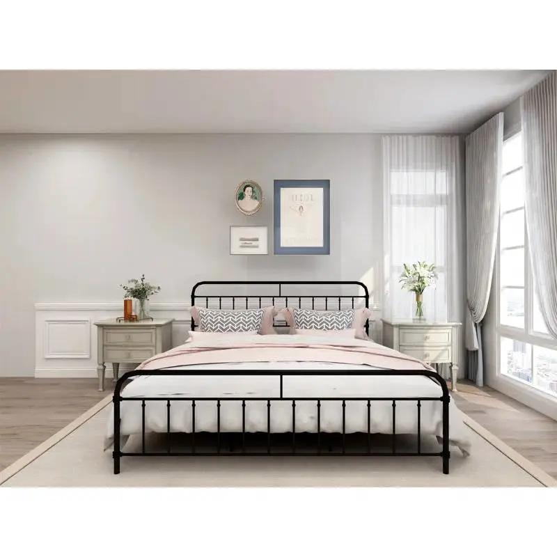 King size Black Metal Platform Bed Frame with Rounded Headboard Footboard by HomePacific