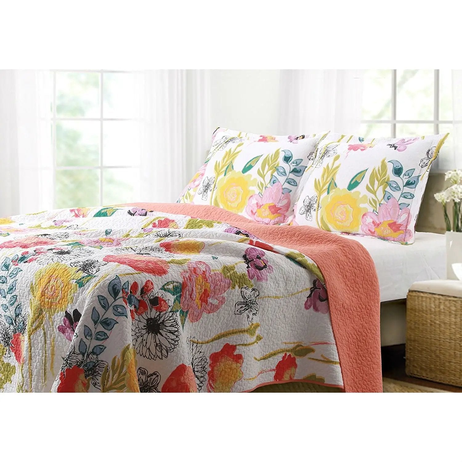 King size 3-Piece Cotton Quilt Set with Multi-Color Floral Pattern by HomePacific