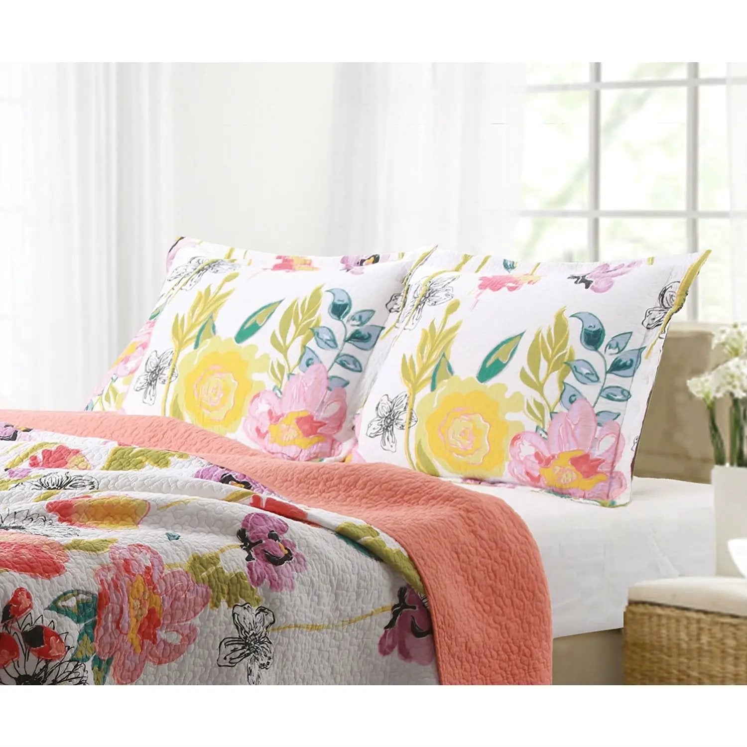 King size 3-Piece Cotton Quilt Set with Multi-Color Floral Pattern by HomePacific
