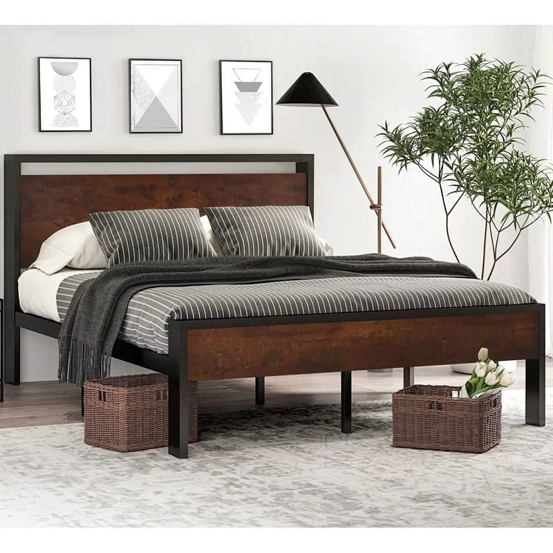 King Metal Platform Bed Frame with Mahogany Wood Panel Headboard Footboard by HomePacific