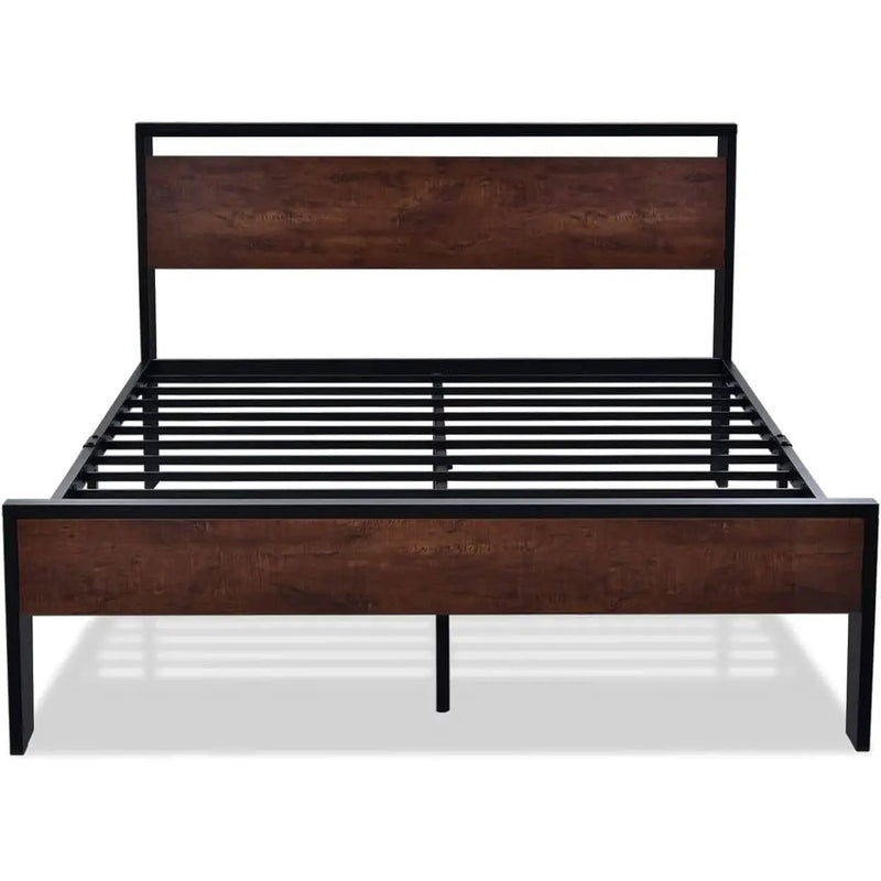 King Metal Platform Bed Frame with Mahogany Wood Panel Headboard Footboard by HomePacific