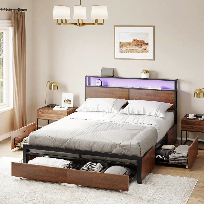 King size Platform Bed with Headboard and Storage Drawers in Brown Wood Finish by HomePacific