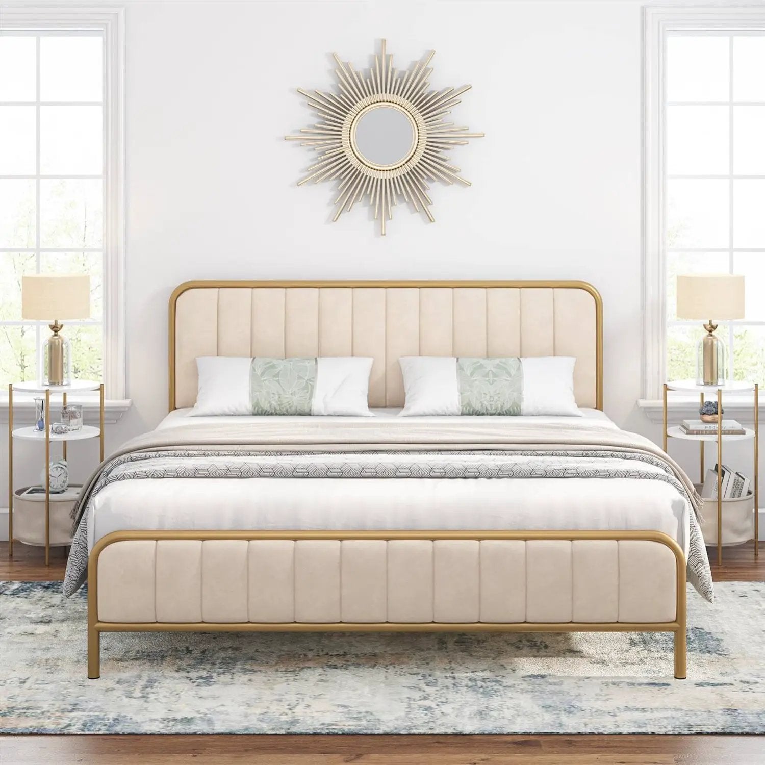 King size Gold Metal Platform Bed Frame with Off-White Upholstered Headboard by HomePacific