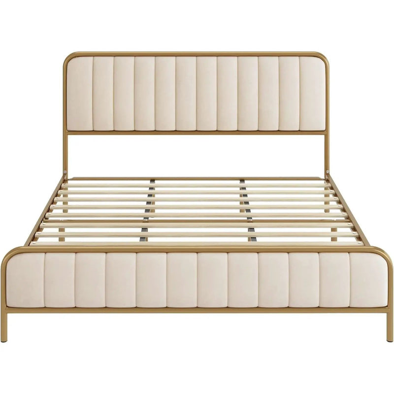 King size Gold Metal Platform Bed Frame with Off-White Upholstered Headboard by HomePacific