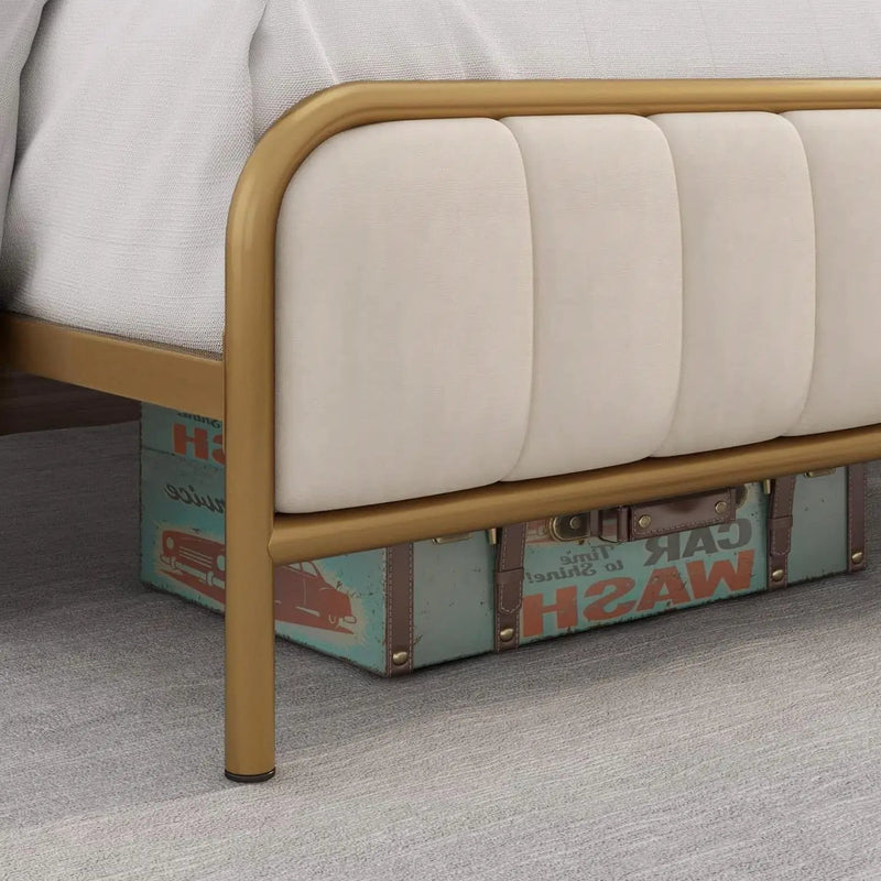 King size Gold Metal Platform Bed Frame with Off-White Upholstered Headboard by HomePacific