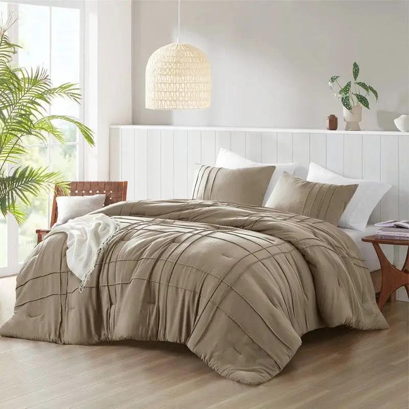 Queen size Microfiber Pleated Soft Lightweight Comforter Set Tan Khaki Taupe by HomePacific