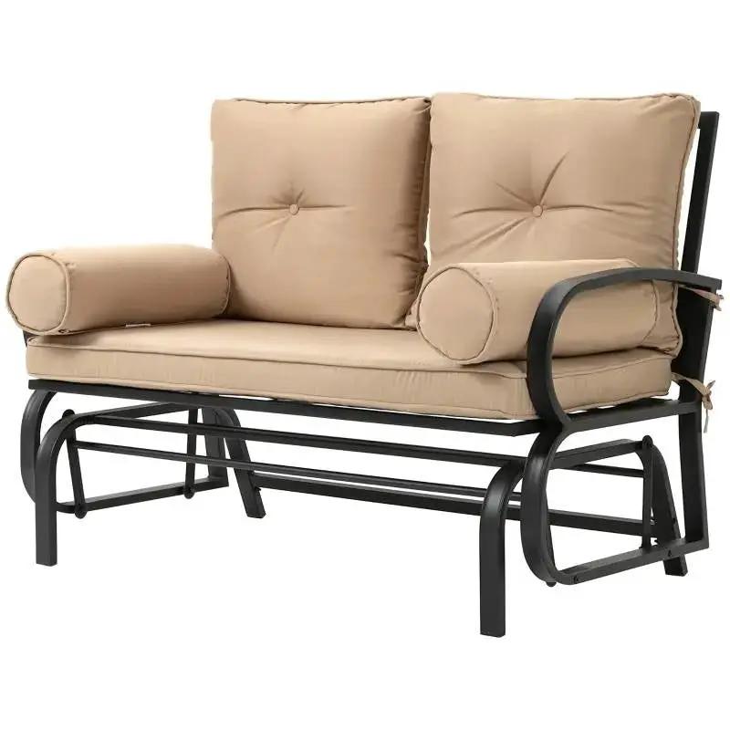 Outdoor Garden Patio Rocking Glider Chair Loveseat with Tan Khaki Cushions by HomePacific