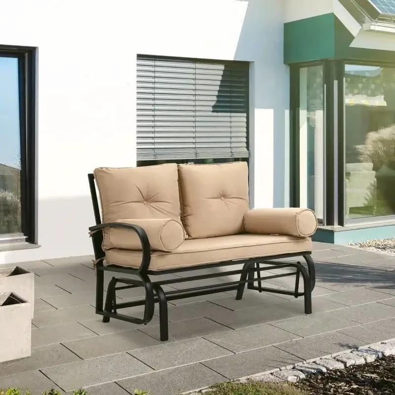 Outdoor Garden Patio Rocking Glider Chair Loveseat with Tan Khaki Cushions by HomePacific