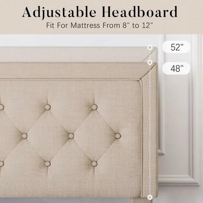 King Adjustable Height Platform Bed Frame with Beige Upholstered Headboard by HomePacific