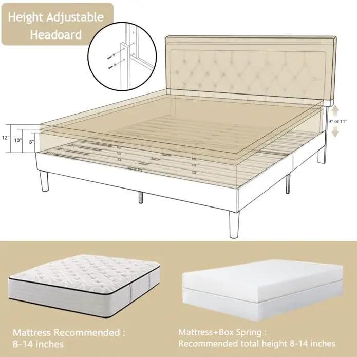 King Adjustable Height Platform Bed Frame with Beige Upholstered Headboard by HomePacific