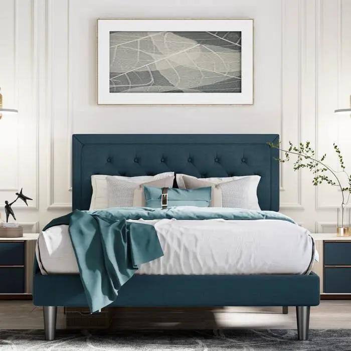 King Adjustable Height Platform Bed Frame with Blue Upholstered Headboard by HomePacific