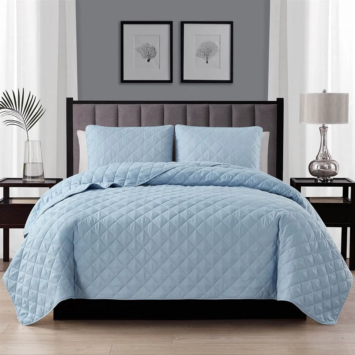 King/CAL King 3-Piece Light Blue Microfiber Reversible Diamond Quilt Set by HomePacific