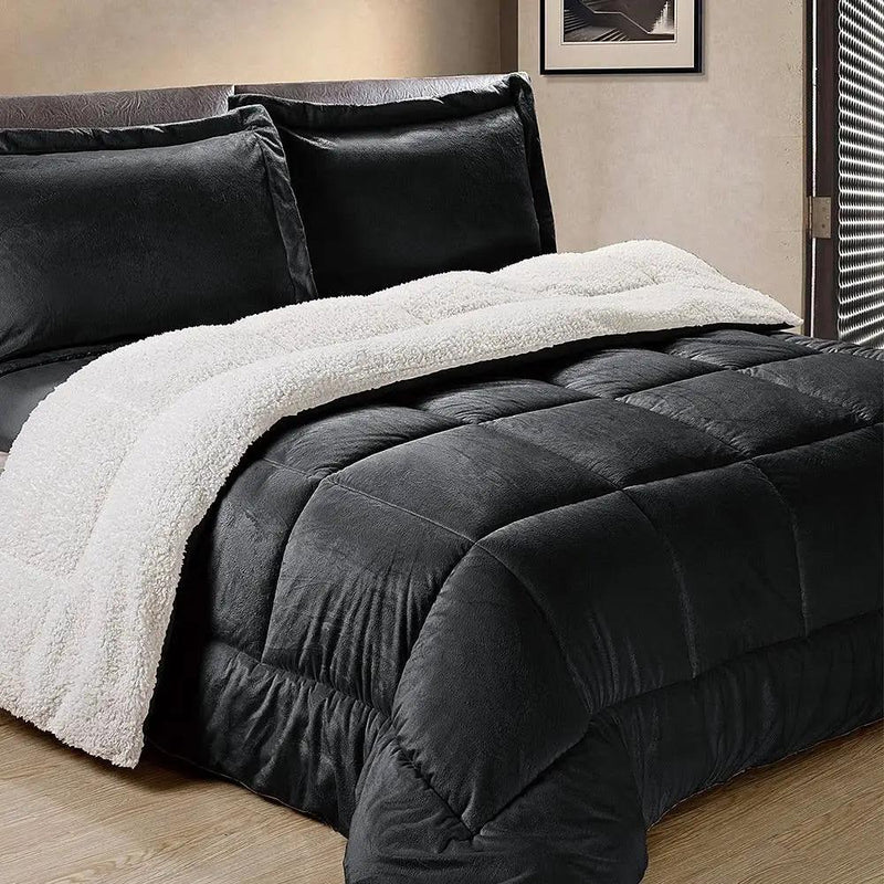 King Size 3 Piece Ultra Soft Sherpa Wrinkle Resistant Comforter Set in Black by HomePacific