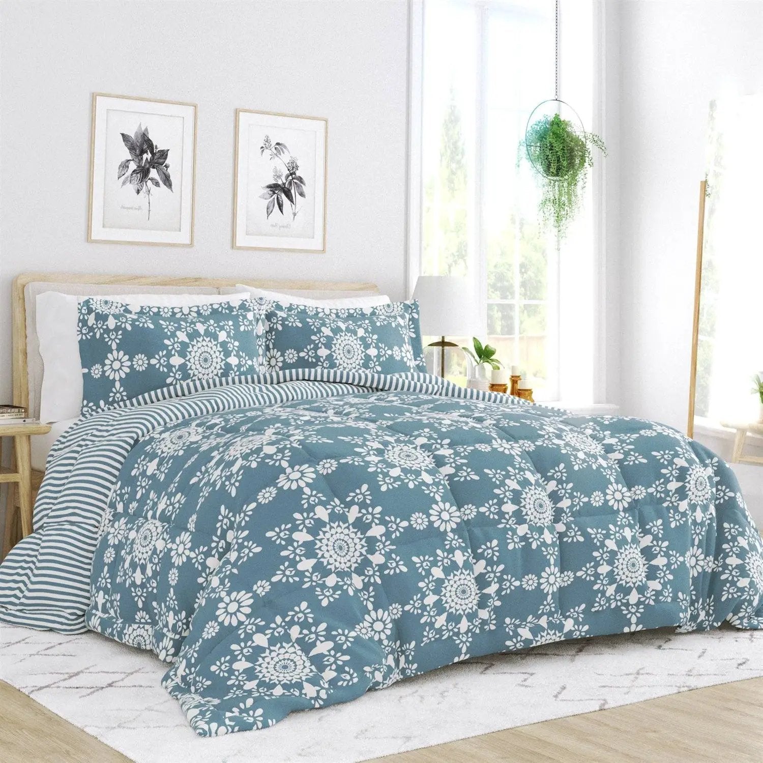 King size 3-Piece Blue and White Reversible Floral Striped Comforter Set by HomePacific