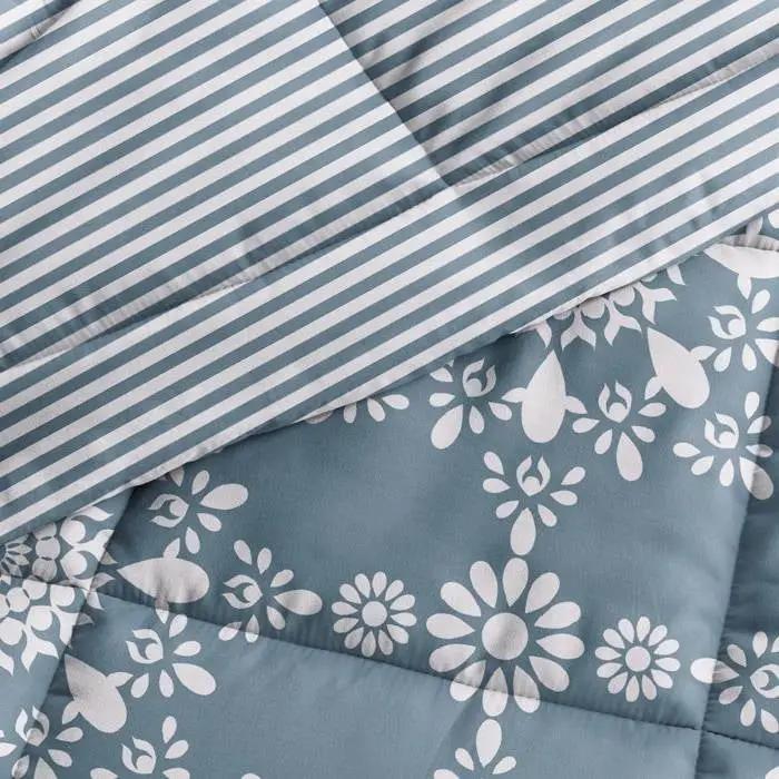 King size 3-Piece Blue and White Reversible Floral Striped Comforter Set by HomePacific