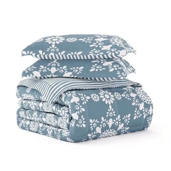 King size 3-Piece Blue and White Reversible Floral Striped Comforter Set by HomePacific