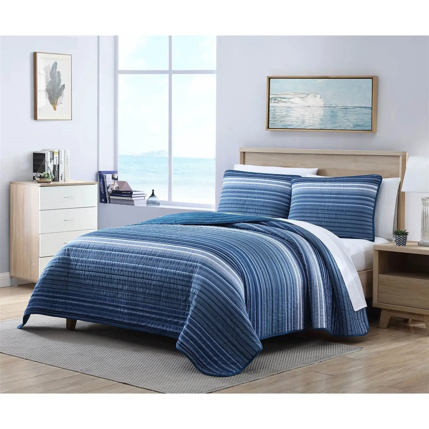 King Size Coastal Blue Stripe Reversible Cotton Quilt Set by HomePacific