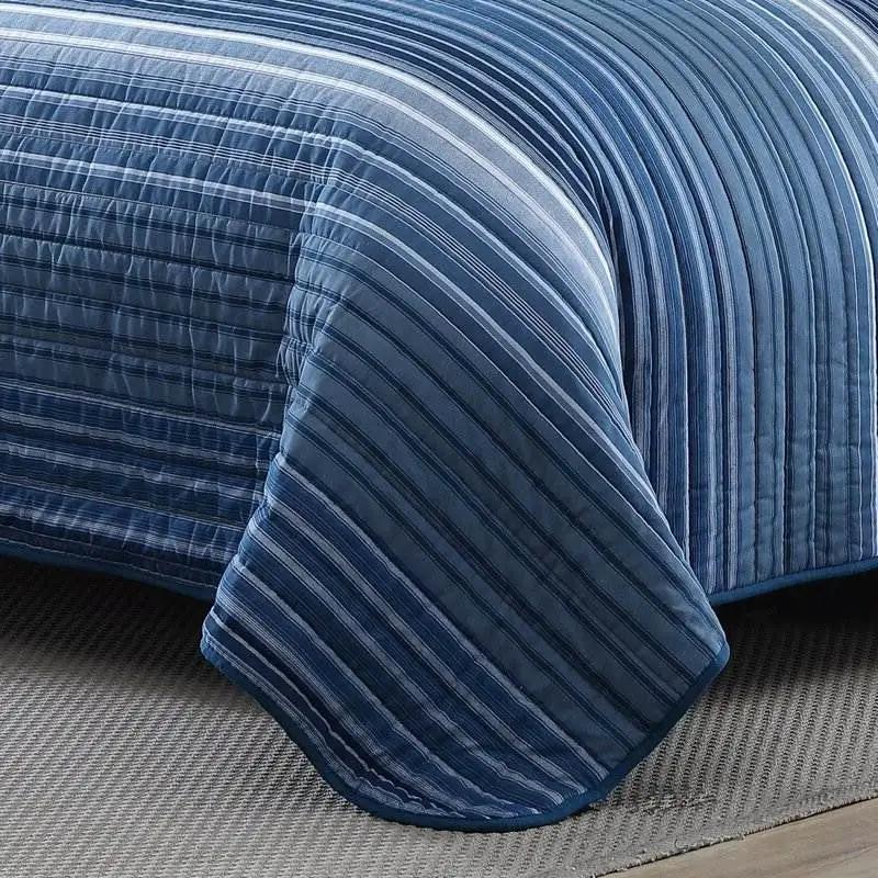King Size Coastal Blue Stripe Reversible Cotton Quilt Set by HomePacific