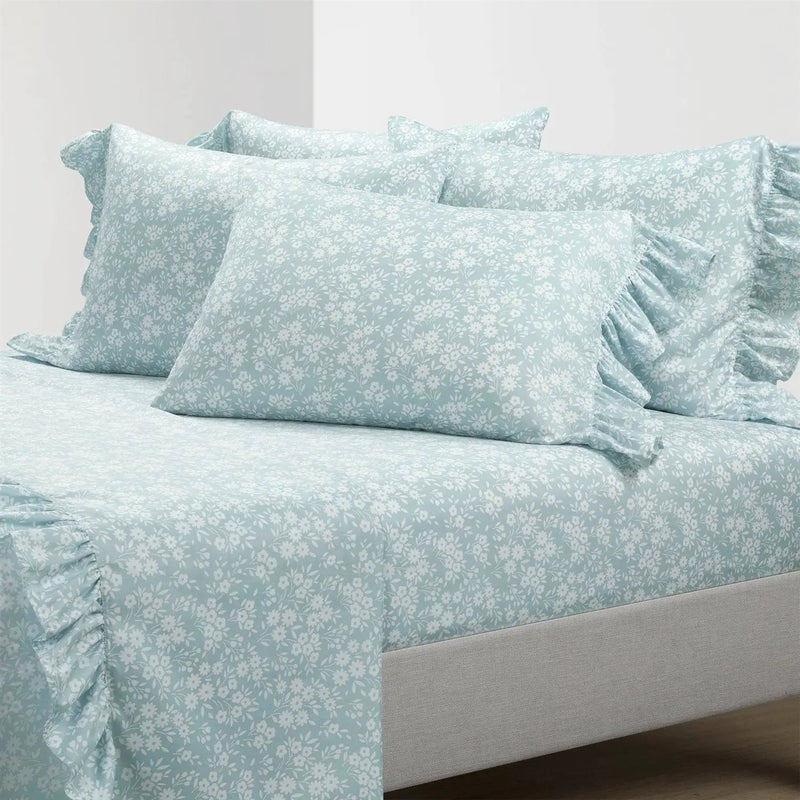 King Size Polyester Blue Ruffle Floral 6 Piece Sheet Set by HomePacific