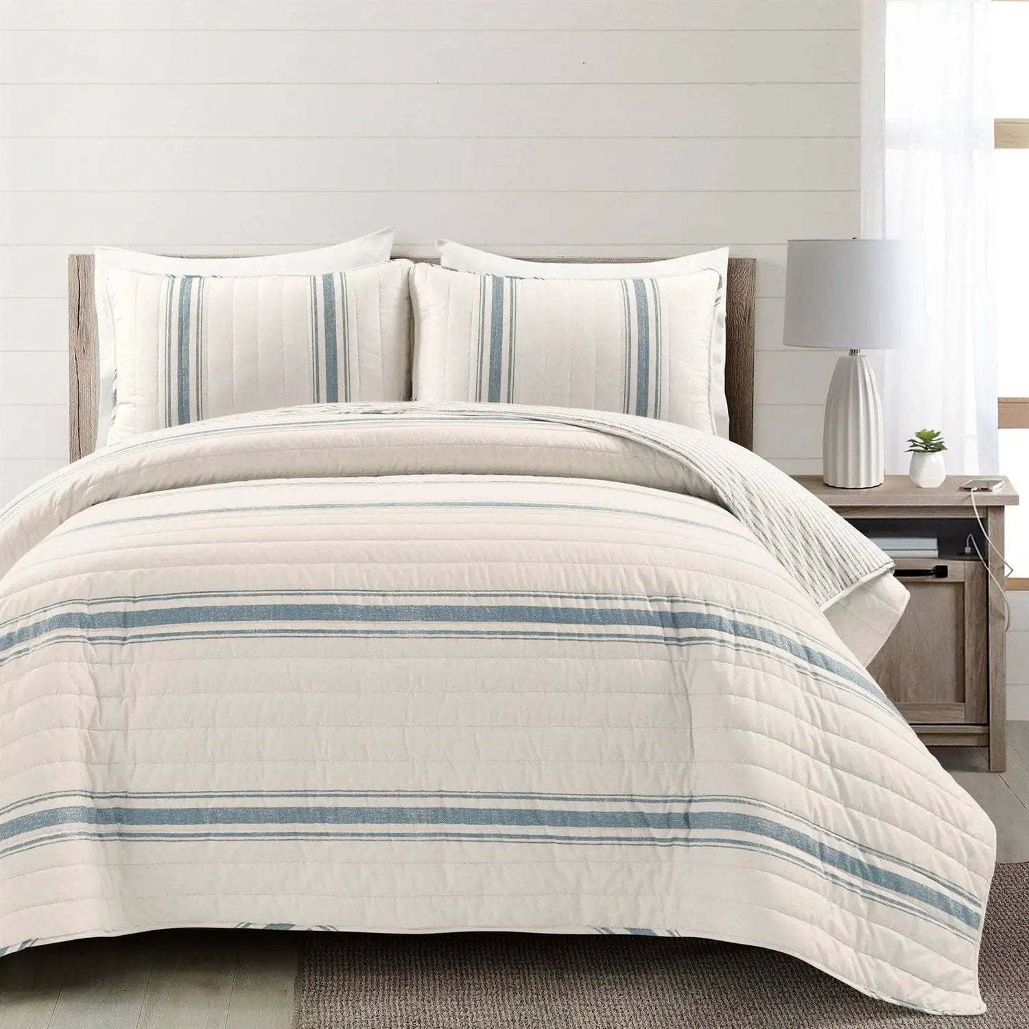 King size Blue Off-White Cream Stripe 3 Piece Reversible Cotton Quilt Set by HomePacific