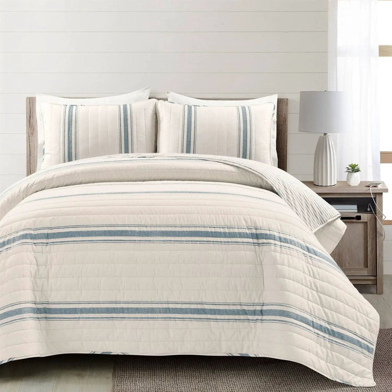 King size Blue Off-White Cream Stripe 3 Piece Reversible Cotton Quilt Set by HomePacific