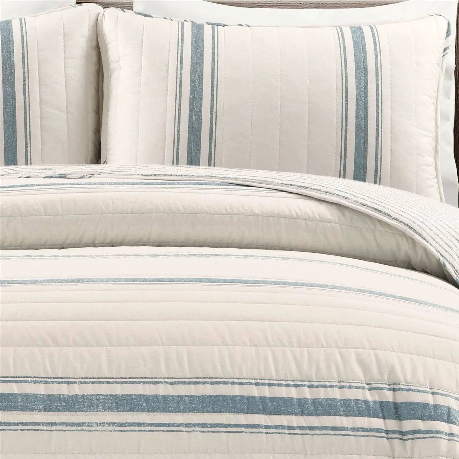 King size Blue Off-White Cream Stripe 3 Piece Reversible Cotton Quilt Set by HomePacific