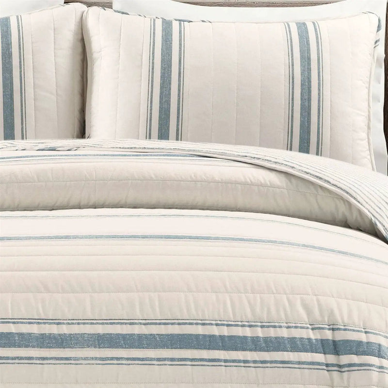 King size Blue Off-White Cream Stripe 3 Piece Reversible Cotton Quilt Set by HomePacific