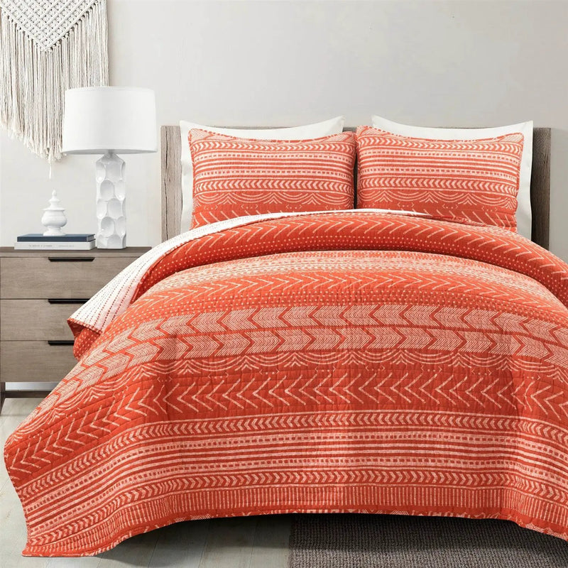 King size Scandinavian Chevron Orange White Stripe Reversible Cotton Quilt Set by HomePacific