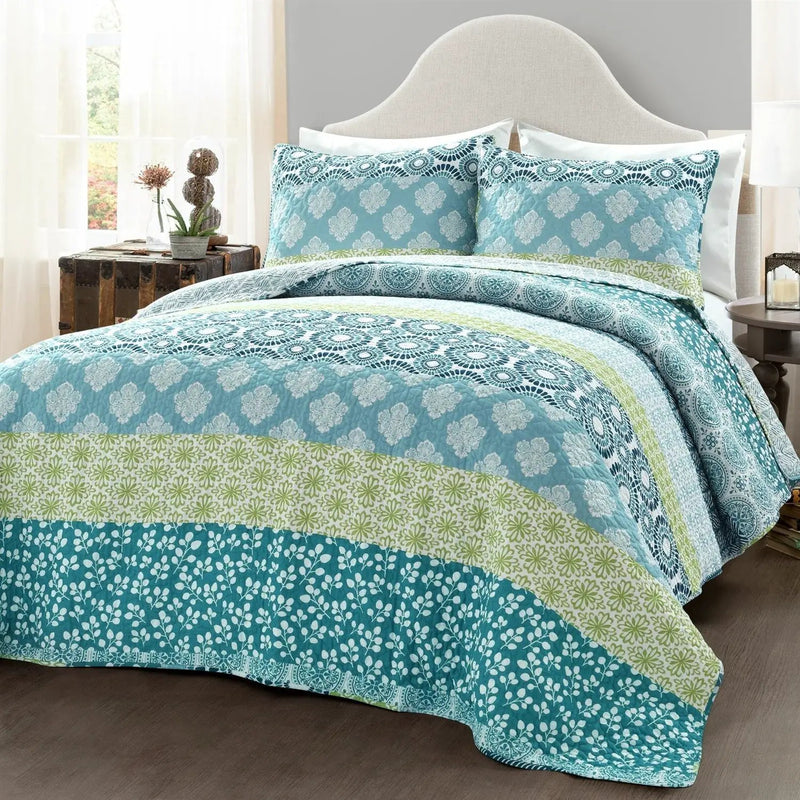 King size Cotton 3 Piece Reversible Blue White Green Floral Damask Quilt Set by HomePacific
