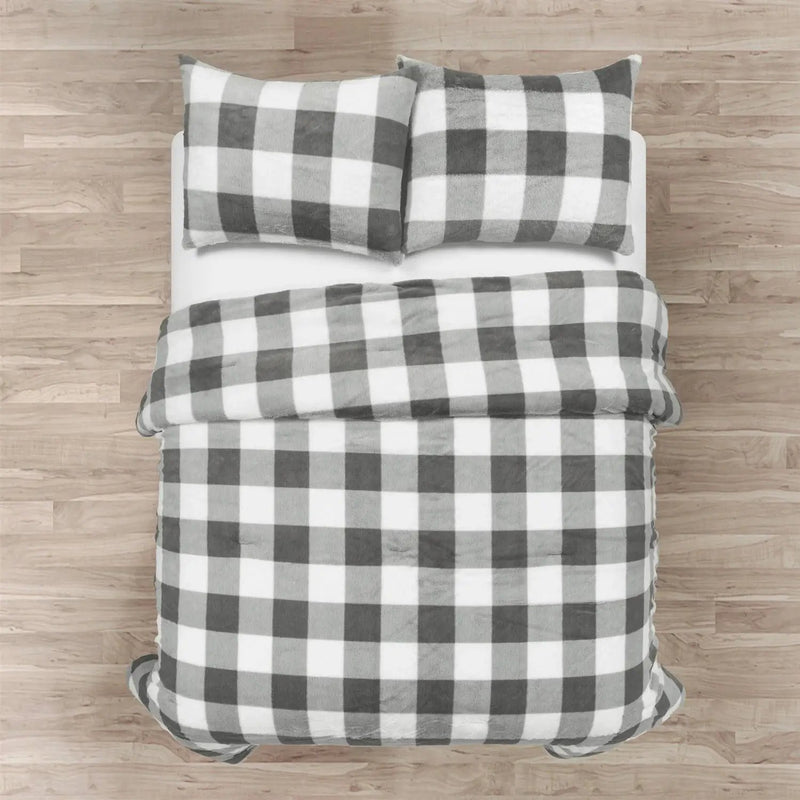 King Size Plaid Soft Faux Fur Comforter Set in Black White Grey by HomePacific