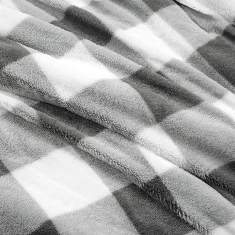 King Size Plaid Soft Faux Fur Comforter Set in Black White Grey by HomePacific