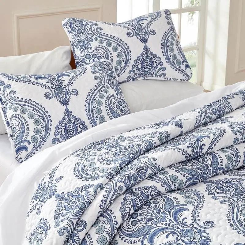King Size Soft Microfiber Reversible Blue/White Baroque Floral Design Quilt Set by HomePacific