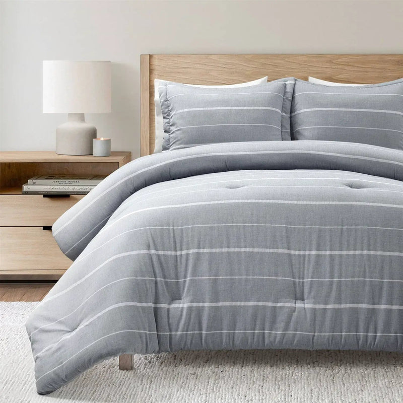 King/California King Blue Grey Off-White Stripe 3-Piece Comforter Set by HomePacific