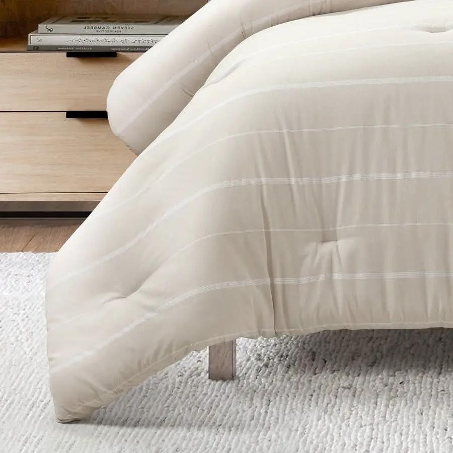 King/California King Beige Off-White Stripe Lightweight 3-Piece Comforter Set by HomePacific
